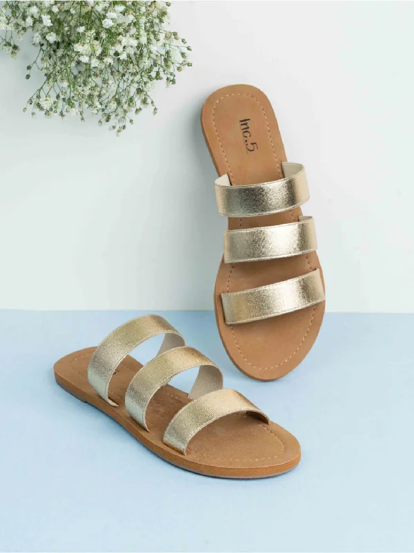 flats with large windows-Womens Golden Casual Striped Open Toe Slip-On Flats