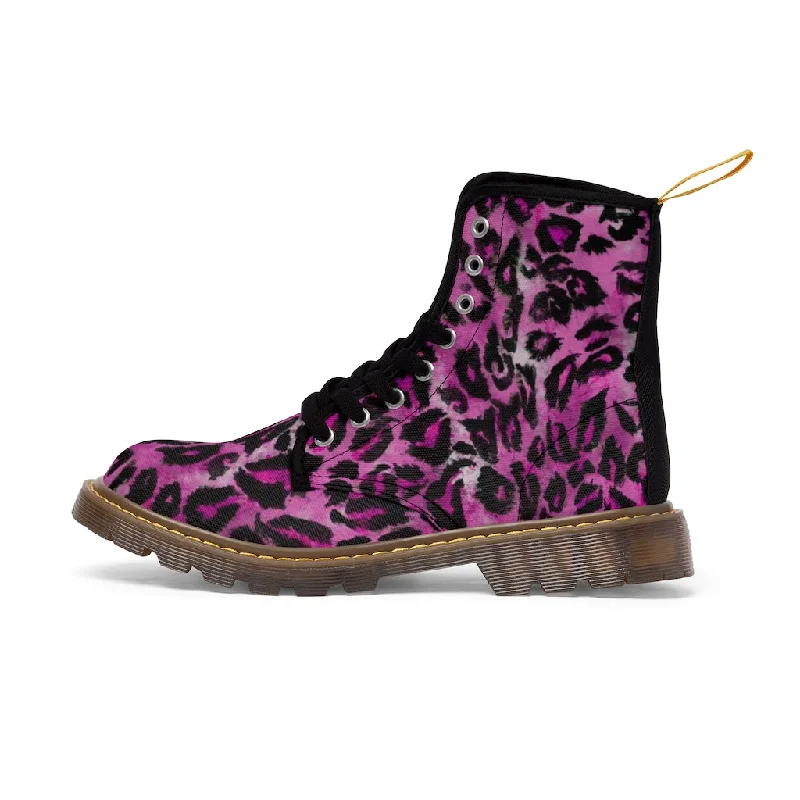 Boots with bold colors-Pink Leopard Print Women's Boots, Best Animal Print Premium Designer Laced-Up Hiking Boot Shoes