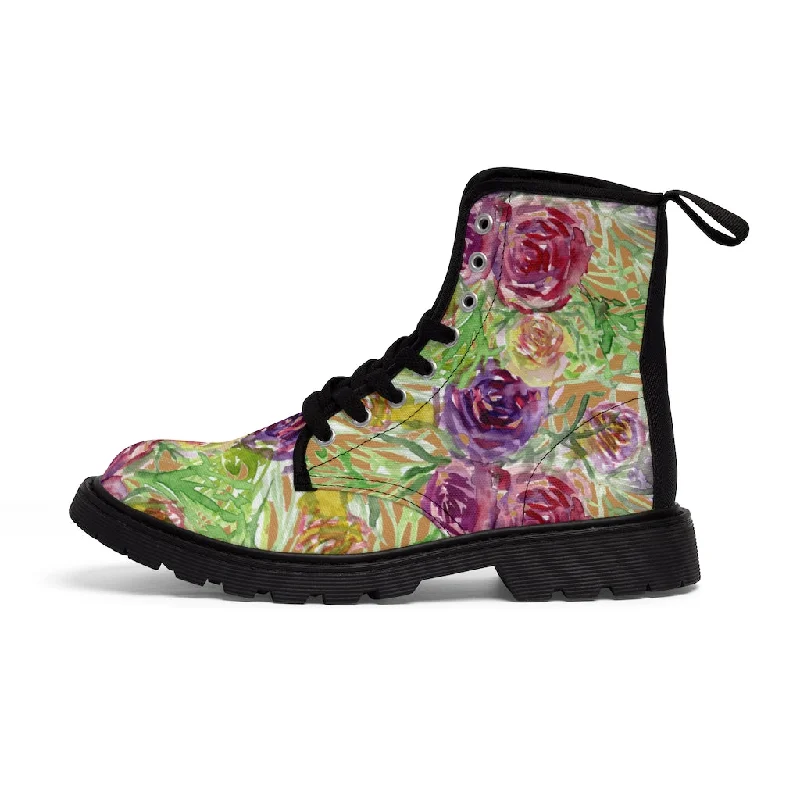 Boots with fun heels-Brown Yellow Floral Women's Boots, Flower Print Vintage Style Hiking Combat Boots For Ladies