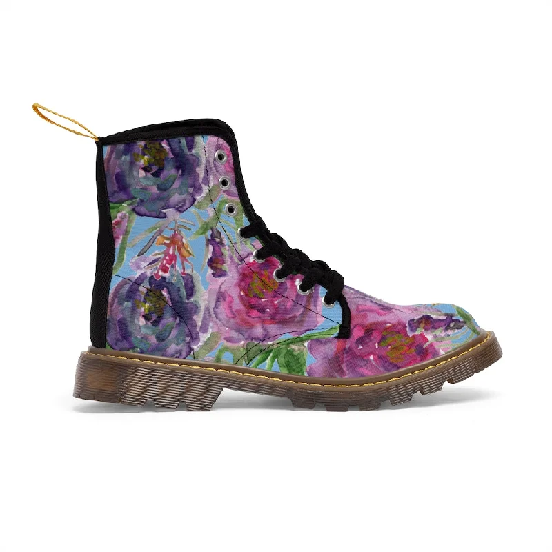 Boots with sleek heels-Blue Floral Print Women's Boots, Pink Purple Rose Flower Print Ladies' Hiking Combat Boots