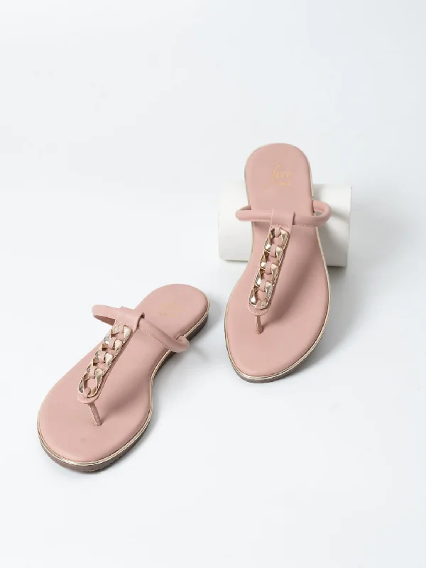 budget flats with pools-Women Peach And Gold-Toned T-Strap Flats With Buckles