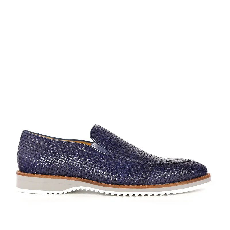 Loafers with tough stitchingMezlan R20658 Men's Shoes Navy Woven Leather Hybrid Loafers (MZS3620)