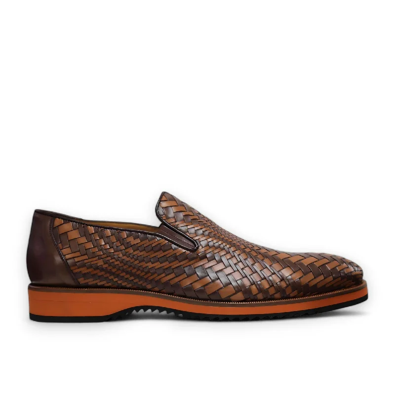 Loafers with slip-resistant solesAmbrogio by Mezlan Men's Shoes Brown & Cognac Woven Leather Sport Loafers (AMZ1016)