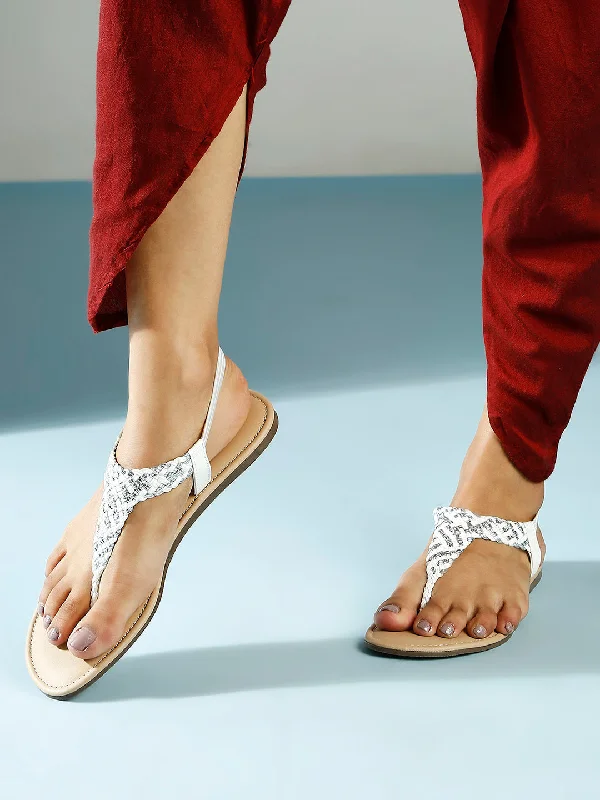 modern flats with pools-Women White Braided T-Strap Flats With Backstrap