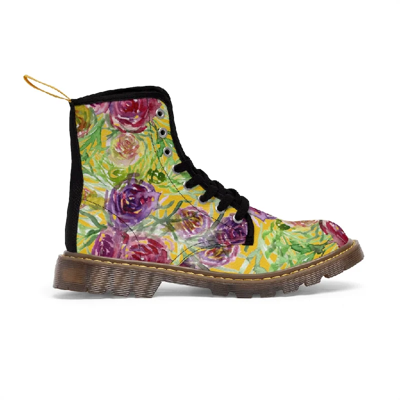 Boots in light teal-Yellow Rose Floral Women's Boots, Pink Purple Rose Flower Printed Hiking Combat Boots For Ladies