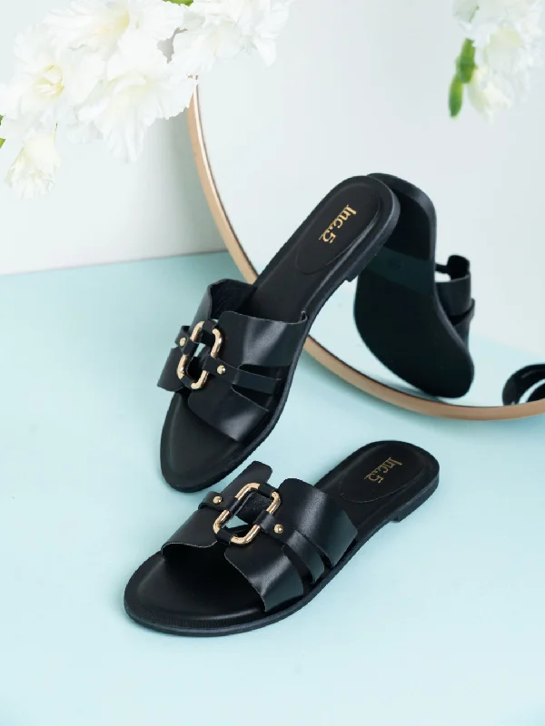 small flats with style-Womens Black Casual Solid Open Toe Flats