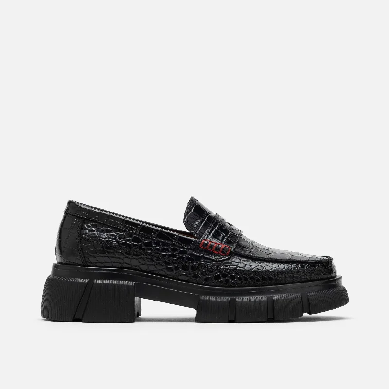 Loafers for wet conditionsMs. Calum Black Croc Leather Lug Penny Loafers