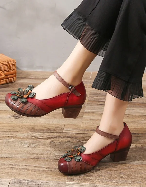 boho high heels fringe-Women Retro Chunky Heels Red Pumps