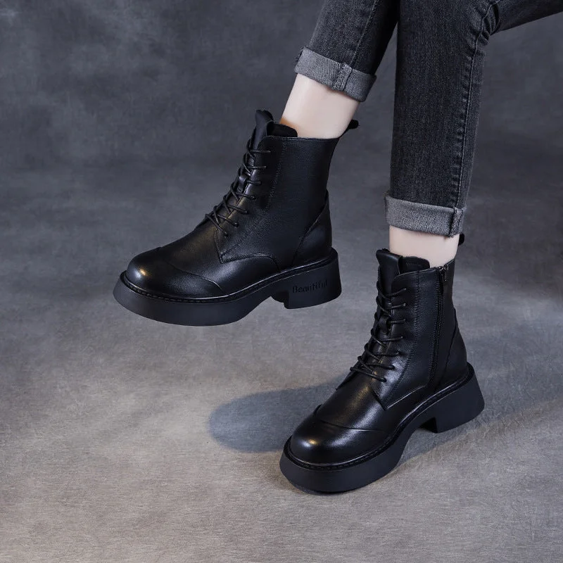 Boots with firm heels-Women Classic Solid Leather Low Block Boots