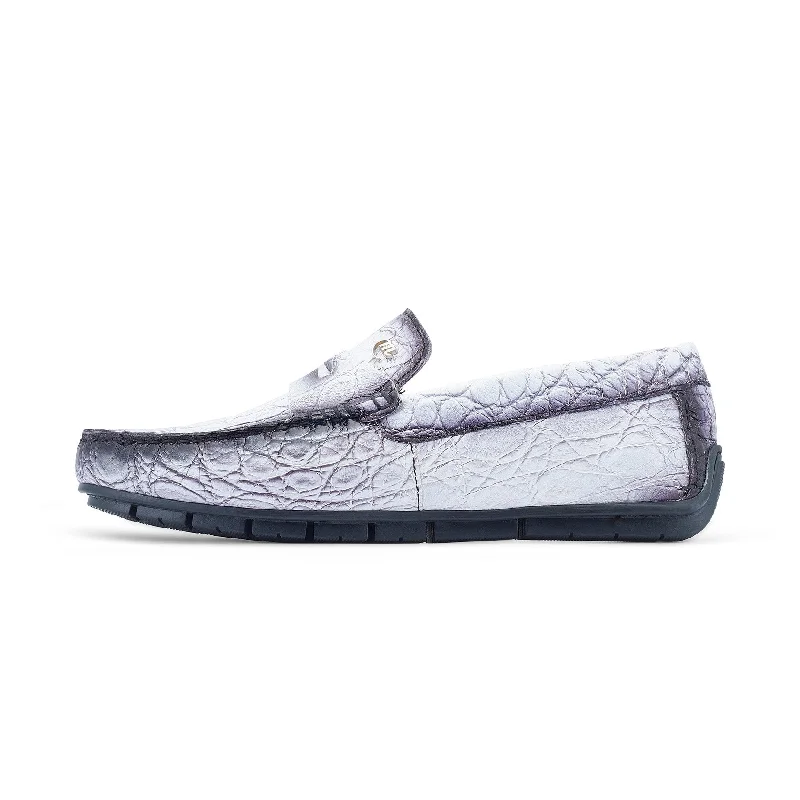 Loafers for teen styleMauri Sprinter 3517/1 Men's Shoes White with "Dirty" Black Finish Exotic Alligator Driver Moccasins Loafers (MA5528)