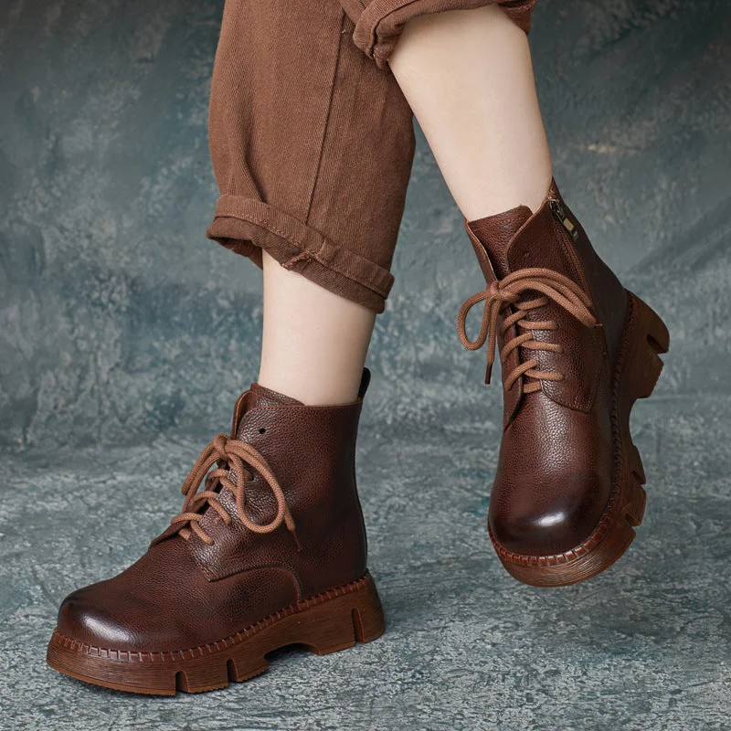 Boots for cowboys-Women Vintage Leather Thick Soled Work Boots