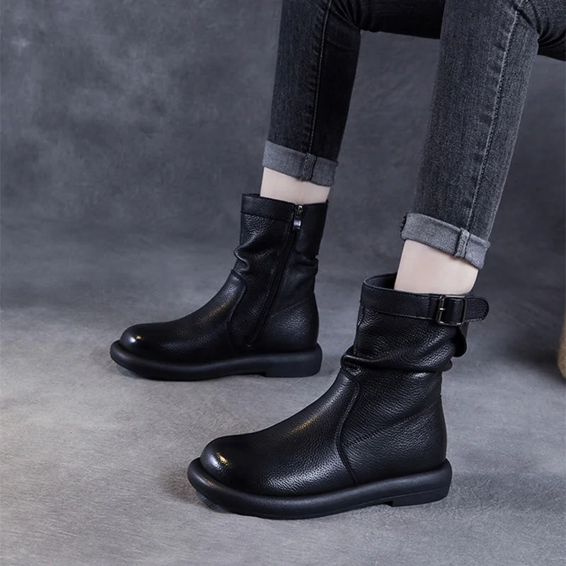 Boots with rubber soles-Women Solid Leather Buckle Mid-Calf Flat Boot