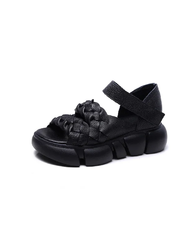 comfy sandals for walking-Retro Leather Braid Open Toe Platform Sandals