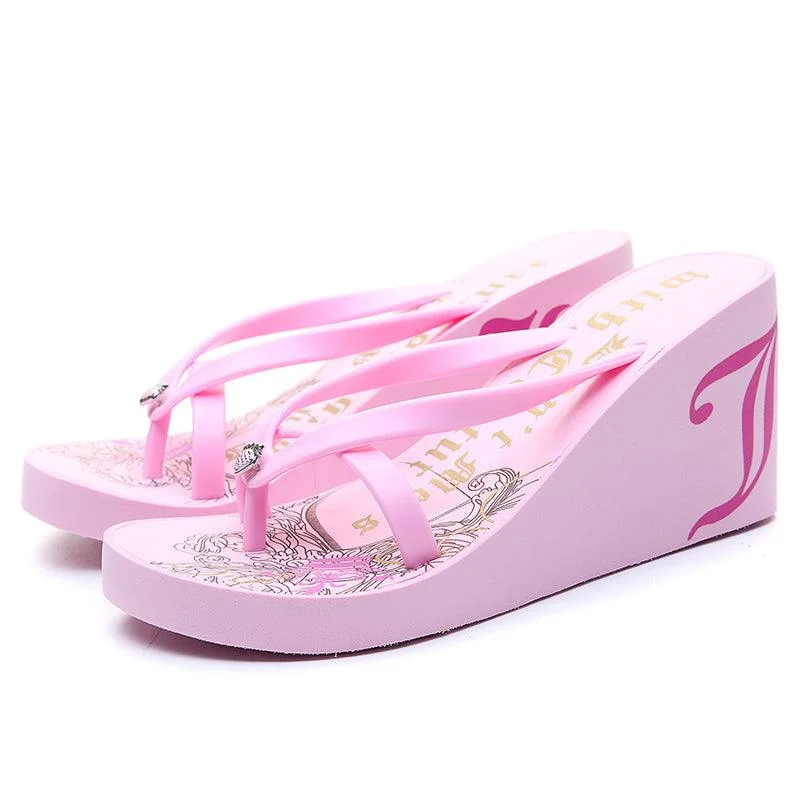 cushioned slippers for edge-Non-slip Platform Fashion Slippers Printed High-heel Sandals Clip