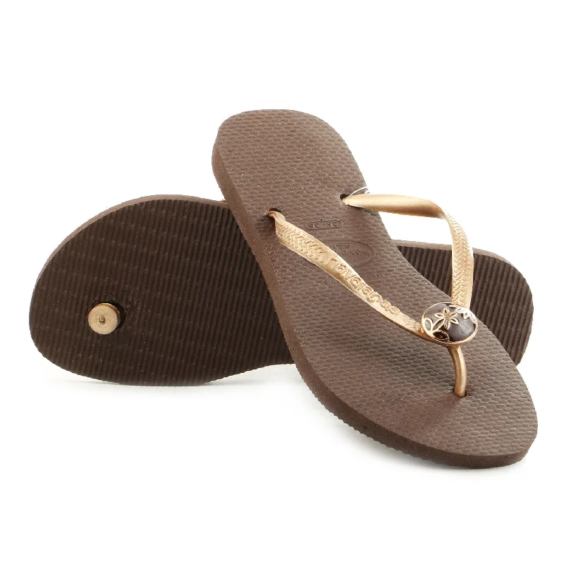 chic sandals with fringe-Havaianas Slim Flower Thong Flip Flop Sandal - Dark Brown - Womens