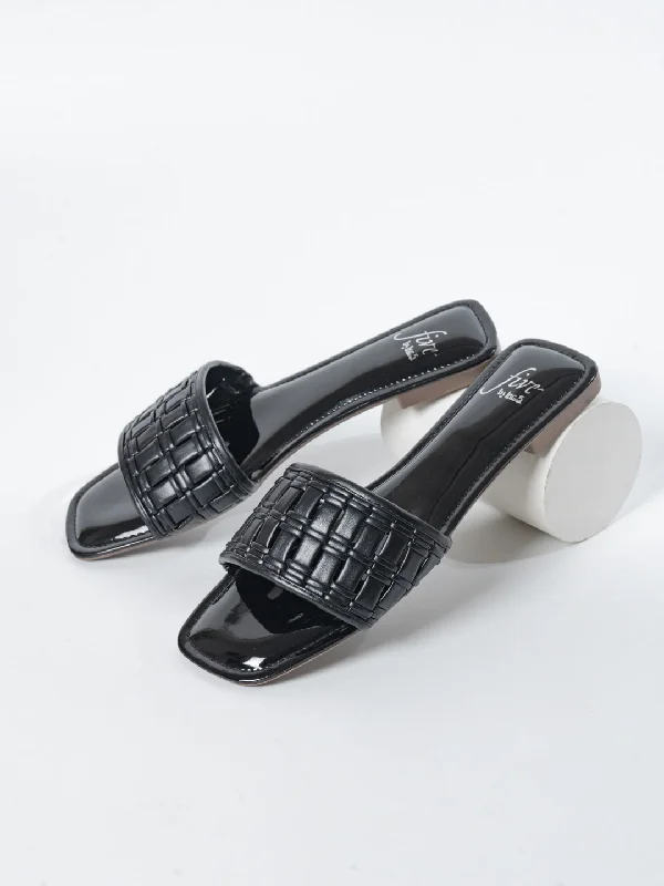 small flats near parks-Women Black Textured Embellished Open Toe Flats