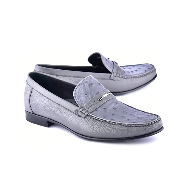 Loafers with low dropCorrente C0014051-3898Ost Men's Shoes Gray Exotic Ostrich / Deer-Skin Moccasin Loafers (CRT1472)