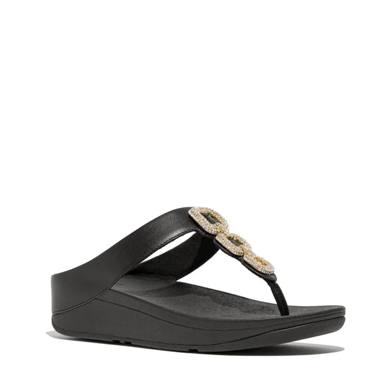 sandals near local shops-FitFlop Women's Fino Crystal-Chain Leather Toe-Post Sandals Wedge, Black