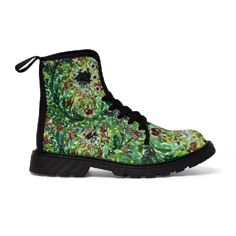 Boots with fun patterns-Black Green Floral Women's Boots, Flower Stylish Rose Hiking Combat Boots For Women