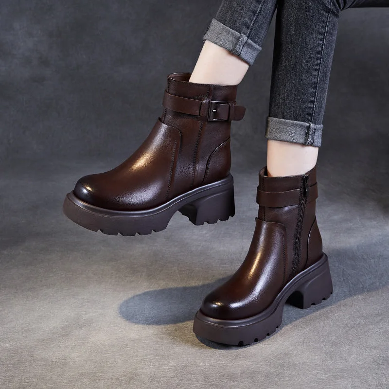 Boots for heel calm-Women Retro Solid Leather Buckle Platform Boots