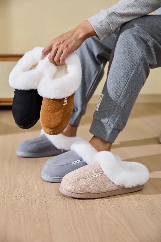 premium slippers for quality-Fluff Trim Round Toe Flat Slippers