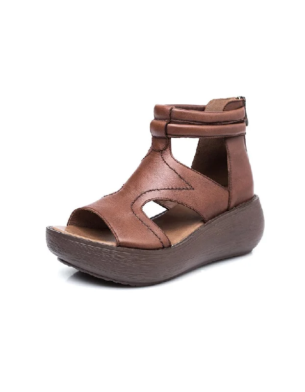 chic sandals with texture-Retro Leather Open Toe Summer Wedge Sandals