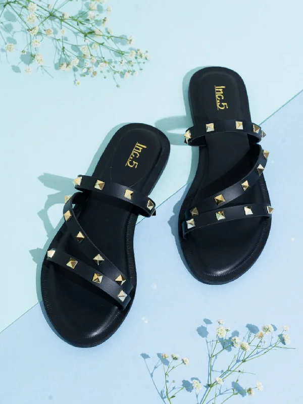 affordable flats near parks-Womens Black Casual Strappy Open Toe Flats