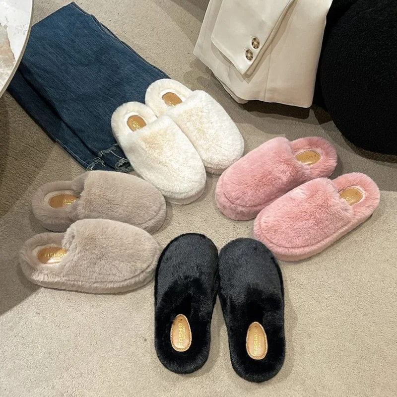 trendy slippers with cool-Fuzzy Round Toe Flat Slippers