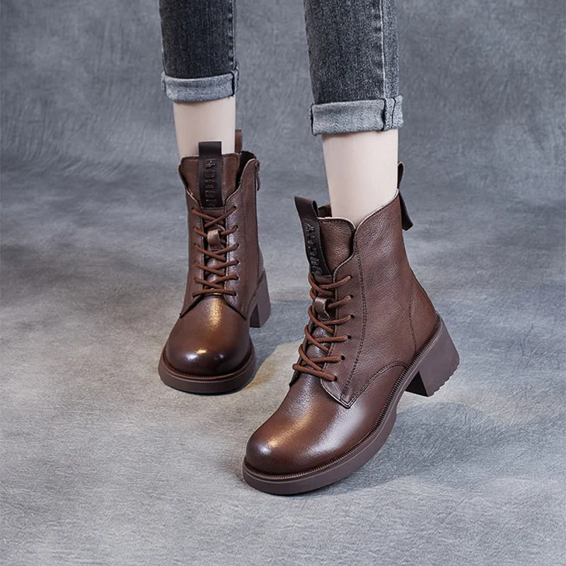 Boots with chic soles-Women Vintage Soft Leather Low Block Boots