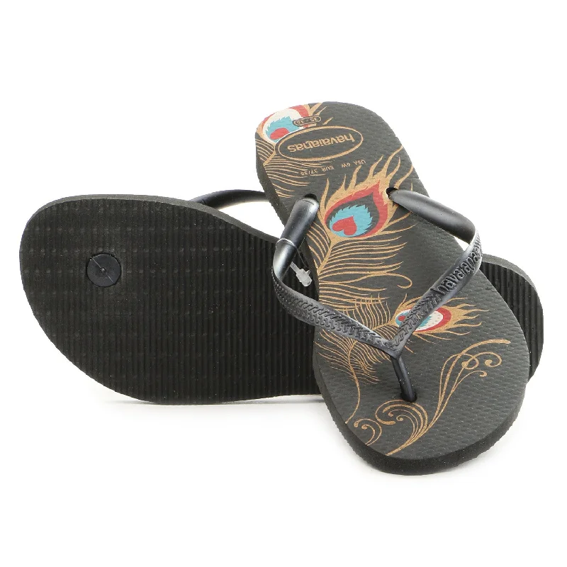 sandals with outdoor soles-Havaianas Slim Peacock Thong Flip Flop Sandal - Black - Womens