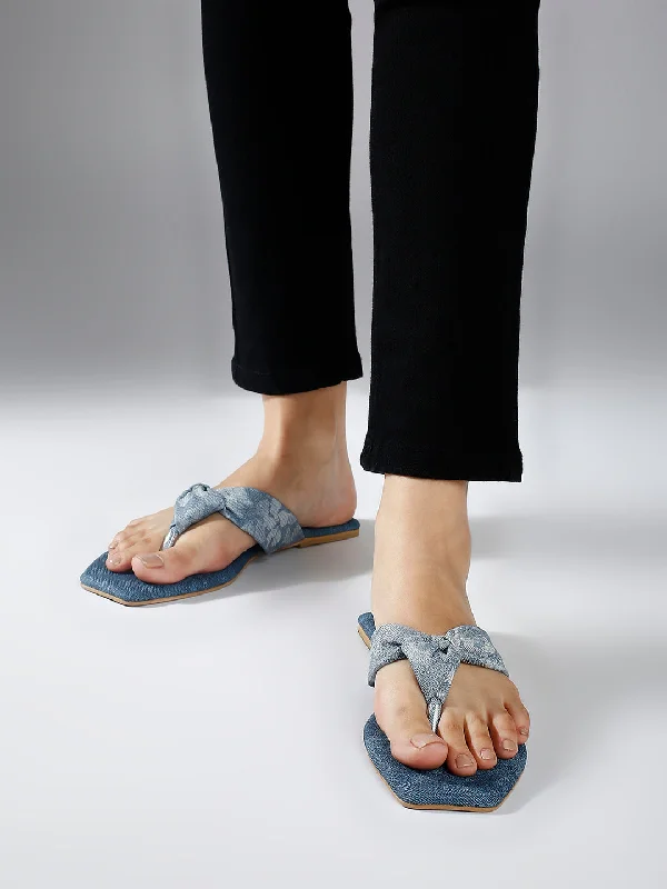 pet-friendly flats near trails-Women Blue Textured Knot Detail Open Toe Flats