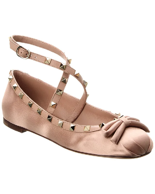 Valentino Rockstud Satin & Leather Flat