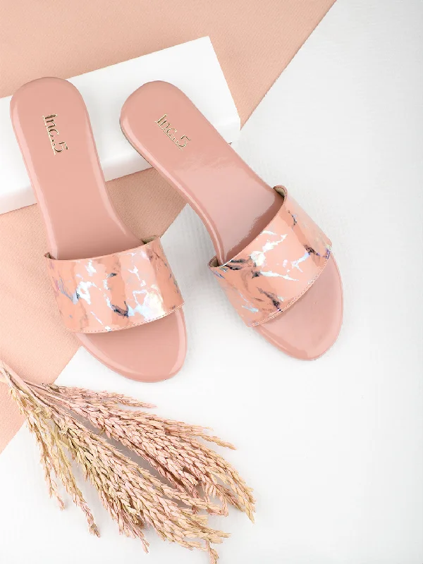 new flats near beaches-Women Peach Embellished Printed Open Toe Flats