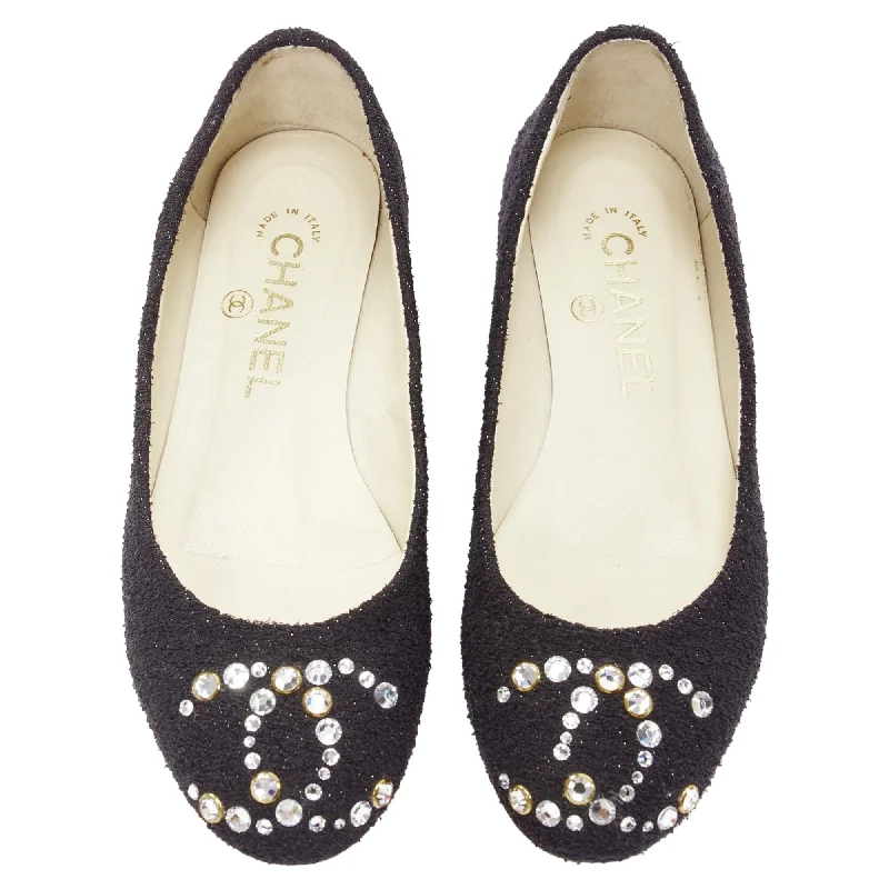 Chanel Tweed Crystal CC Embellished Logo Round Toe Flat Shoes