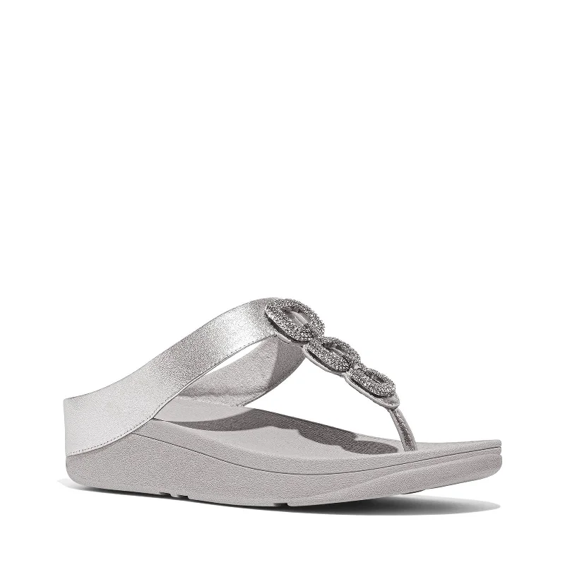 sandals with high arches-FitFlop Women's Fino Crystal-Chain Metallic-Leather Toe-Post Sandals Wedge, Silver