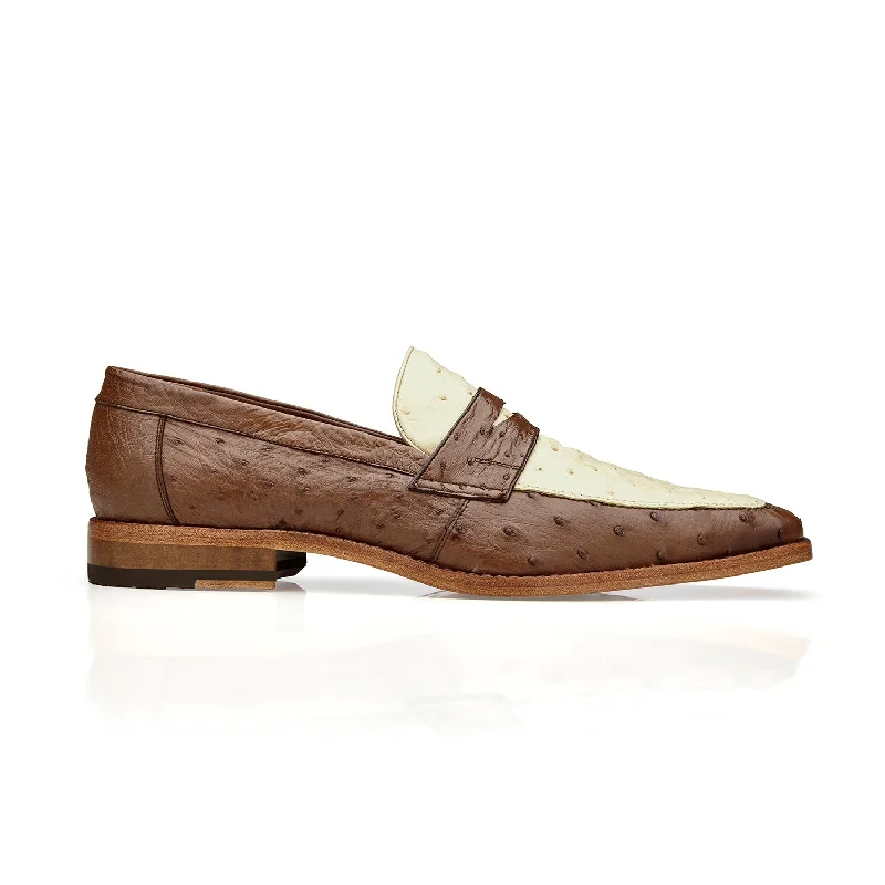 Loafers for style loversBelvedere Espada 02440 Men's Shoes Tabacco & Cream Exotic Genuine Ostrich Split-Toe Penny Loafers (BV3155)