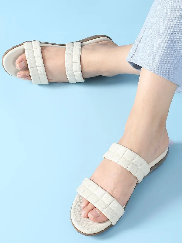 small flats with style-Women Cream Textured Open Toe Flats