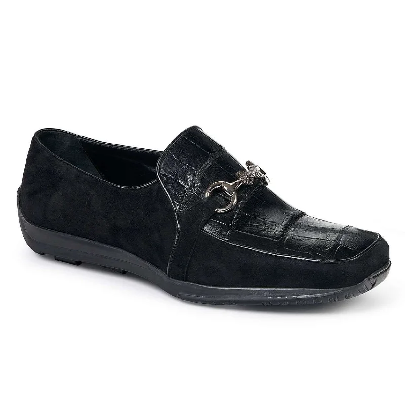 Loafers with slip-on easeMauri 9297 Men's Designer Shoes Exotic Skin Salice Black Suede & Alligator Body Loafers (MA4820)