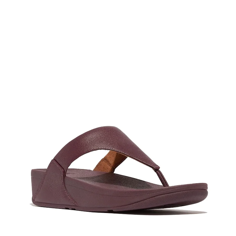 sandals with platform soles-FitFlop Women's Lulu Leather Toe-Post Sandals Wedge, Mauve Wine