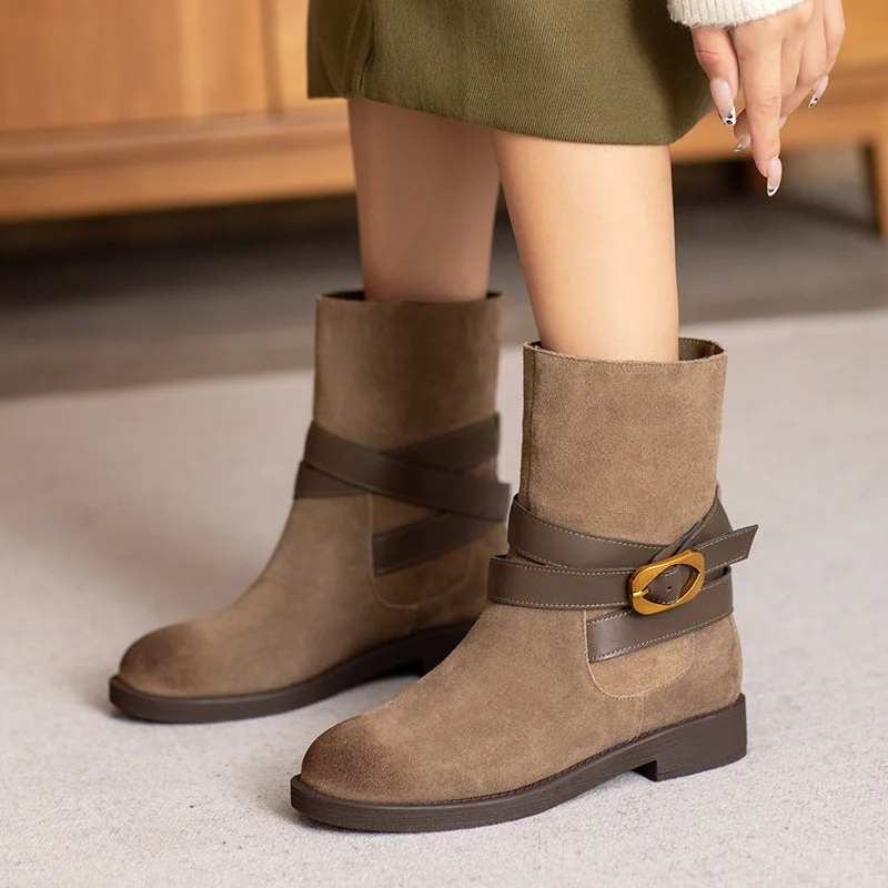 Women Vintage Solid Suede Mid-Calf Boots