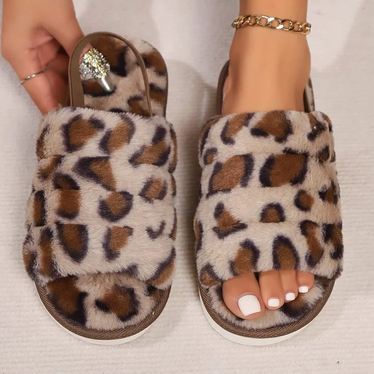 silver slippers for sparkle-Leopard Open Toe Slippers