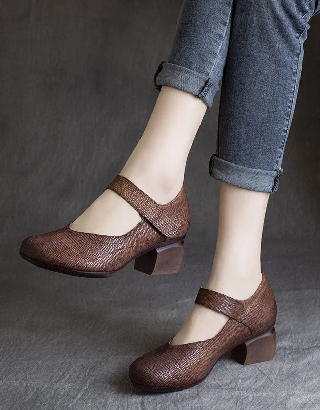 tan high heels versatile-Vintage Leather Comfortable Chunky Heels Pumps