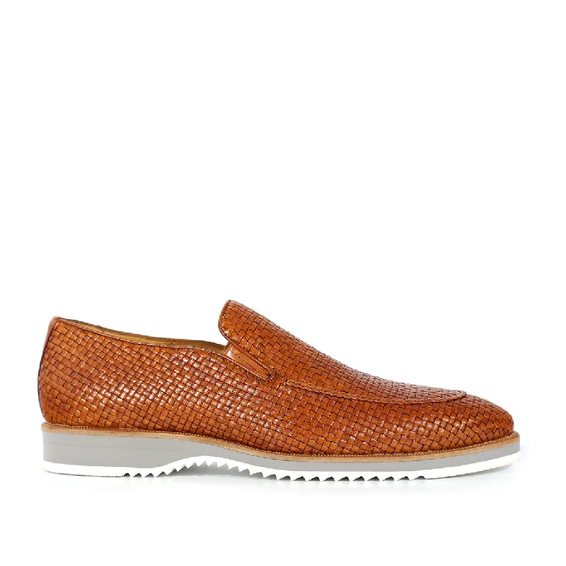 Loafers for urban walksMezlan R20658 Men's Shoes Cognac Woven Leather Hybrid Loafers (MZS3619)