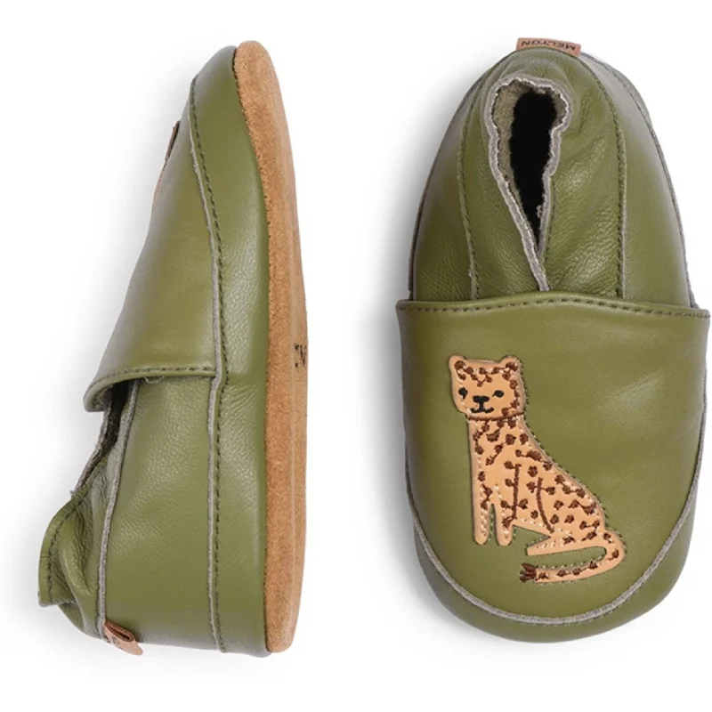 designer slippers signature-MELTON Leopard Leather Slippers Dried Herb