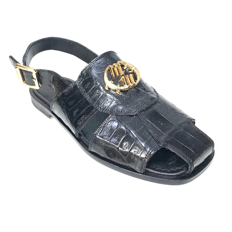 sandals with modern patterns-Mauri 5071 Black Gold Buckle Baby Crocodile Sandals