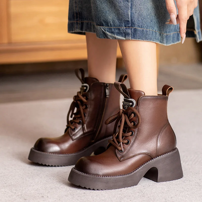 Boots with cool laces-Women Vintage Leather Chunky Platform Boots