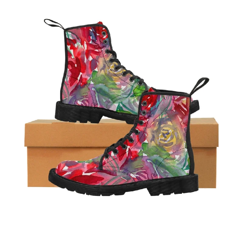 Boots with bold heels-Red Floral Print Women's Boots, Watercolor Flower Printed Hiking Combat Boots For Ladies