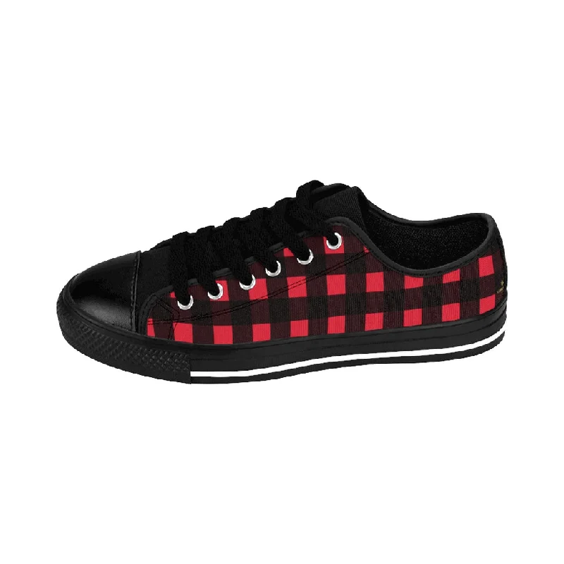 Athletic shoes with calm tonesRed Buffalo Plaid Men's Sneakers, Best Red Plaid Print Classic Preppy Low Top Designer Shoes For Men (US Size: 7-14)