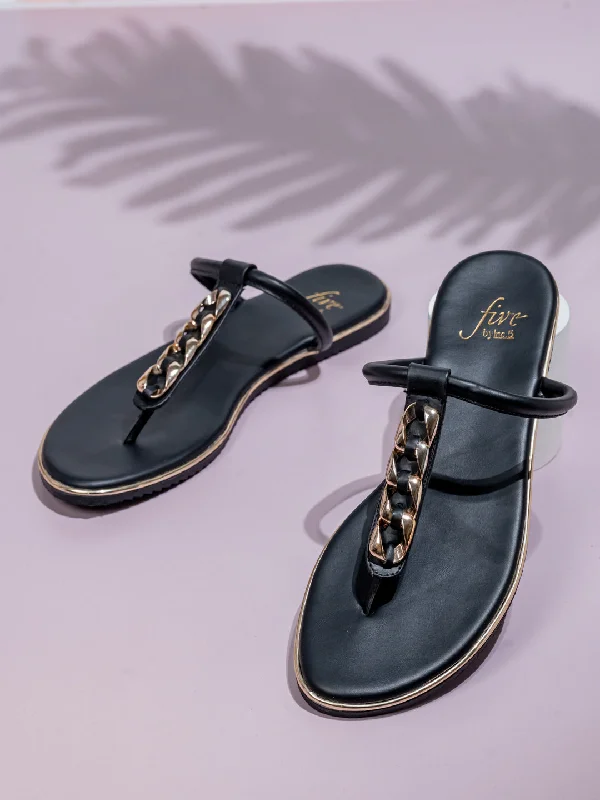 modern flats with terraces-Women Black And Gold-Toned T-Strap Flats With Buckles