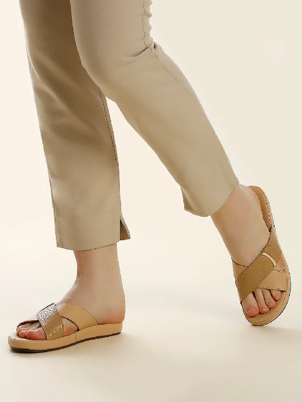 small flats near metro-Womens Beige Casual Cross strap Round Toe Comfort Flats